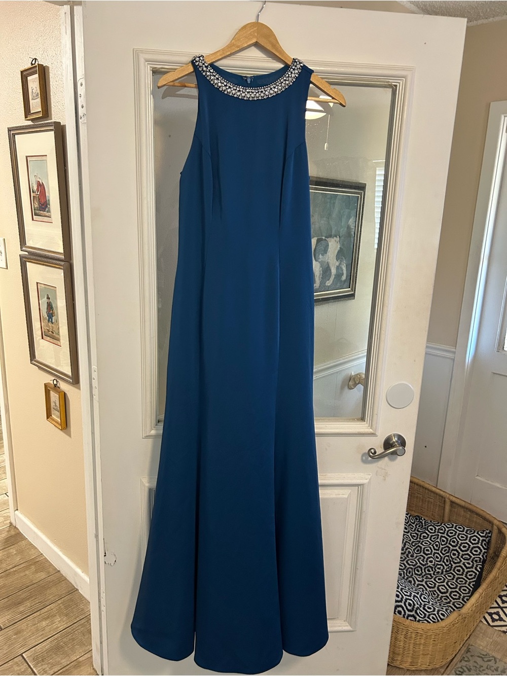 Mac Duggal Teal Jewel-Neck A-Line Evening Gown